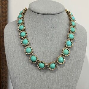 J Crew Signed Faux Turquoise Rhinestone Deco Style Gold Tone Link Necklace